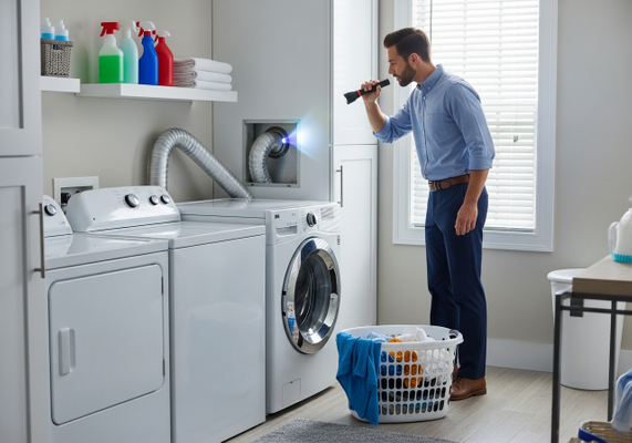 Man inspecting dryer vent with flashlight