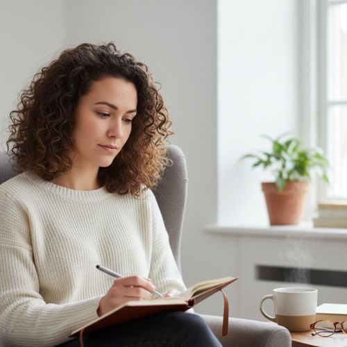 Person thoughtfully reflecting, perhaps with a journal, calm setting