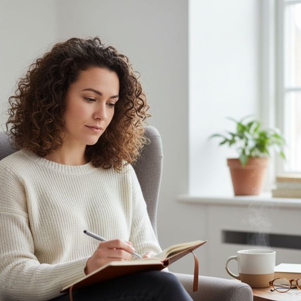 Person thoughtfully reflecting, perhaps with a journal, calm setting