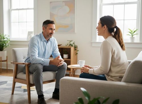 A therapist and adult client engaged in a supportive session, representing comprehensive care and personalized pathways to empowerment. A therapist and adult client engaged in a supportive session, representing comprehensive care and personalized pathways to empowerment.