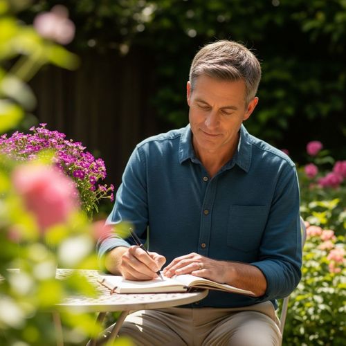 man finds a moment of peace while writing in a journal in a serene garden