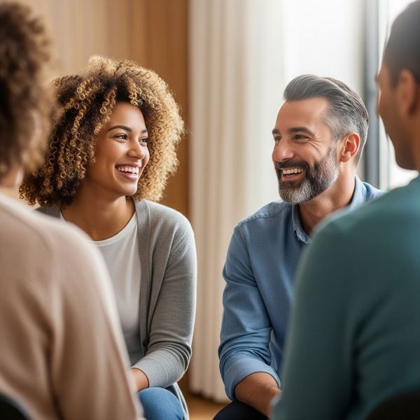 Two people in a group session smile and make eye contact