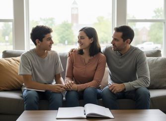A diverse family, father, mother, and teenage son, sits on a living room couch, smiling and talking. An open book rests on the coffee table. Family Discussion on Living Room Couch