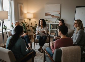 Diverse group therapy session with a woman speaking