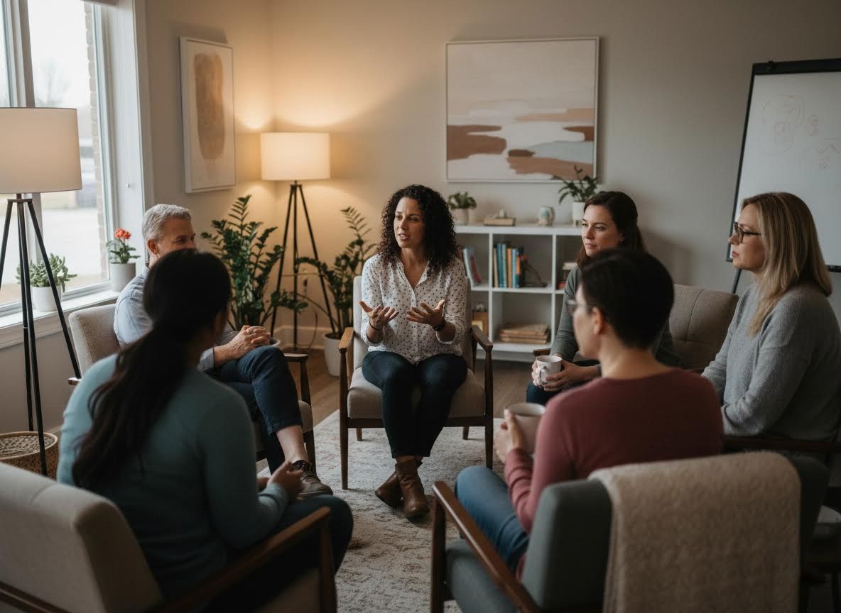 Diverse group therapy session with a woman speaking