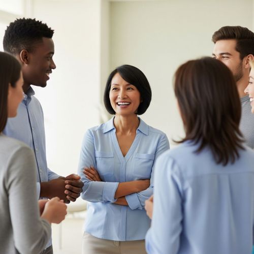 person looks confident and happy while talking with others