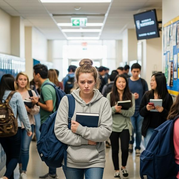 A female college student with a backpack walks through a crowded campus hallway, looking overwhelmed. worried.jpg