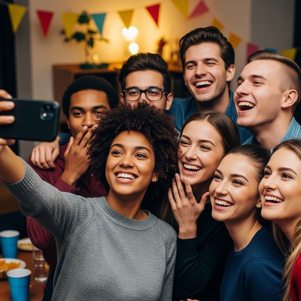 A diverse group of college students laughing and taking a selfie at a social gathering. fomotrend.jpg