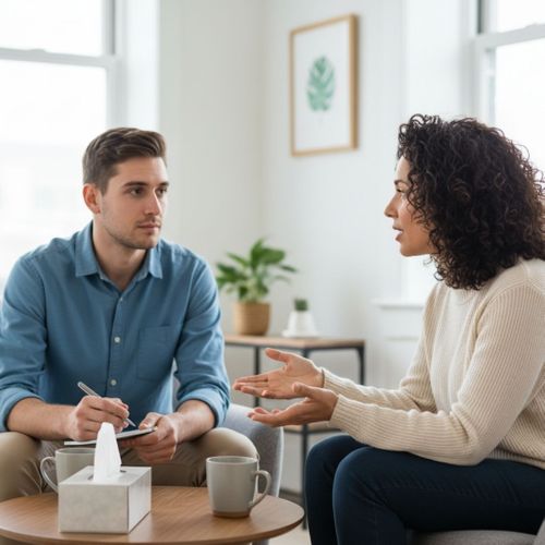 Therapist and client engaged in focused discussion, professional setting