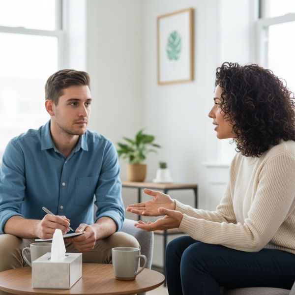 Therapist and client engaged in focused discussion, professional setting