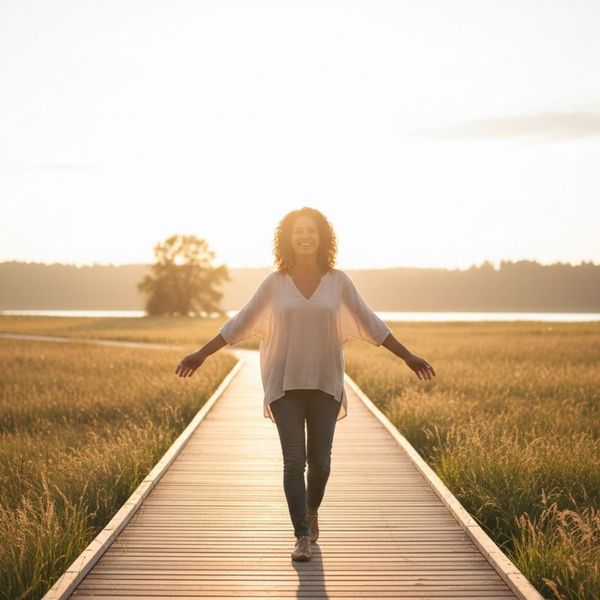 A smiling woman with outstretched arms walks confidently along a wooden boardwalk through a grassy field towards a bright horizon.