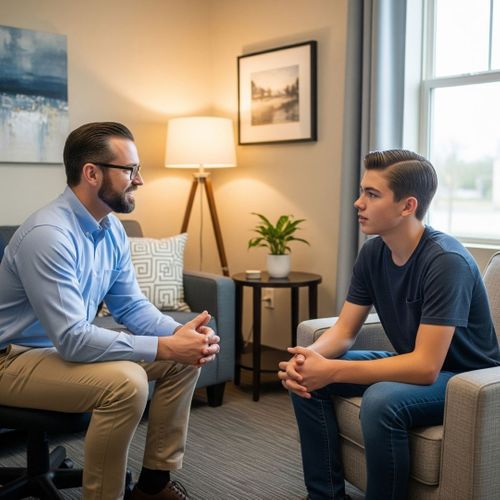  supportive therapist engages in a positive conversation with a teenage boy