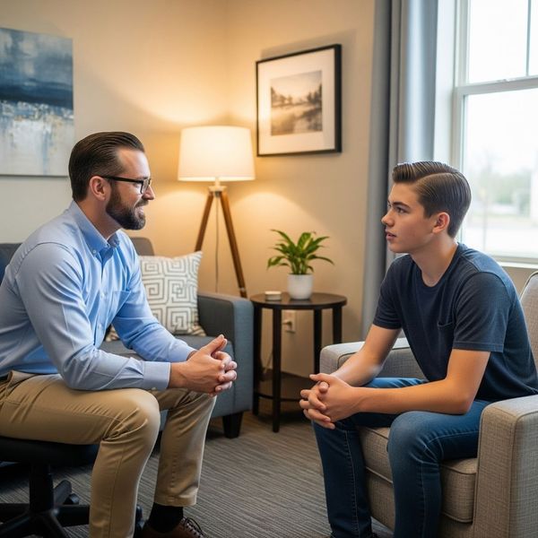 supportive therapist engages in a positive conversation with a teenage boy supportive therapist engages in a positive conversation with a teenage boy