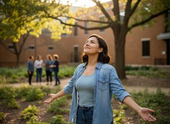 Young woman looking up with a serene expression, arms open, in a sunlit park. Blurred people and a brick building are in the background. Young Woman Looking Up in Sunlit Park