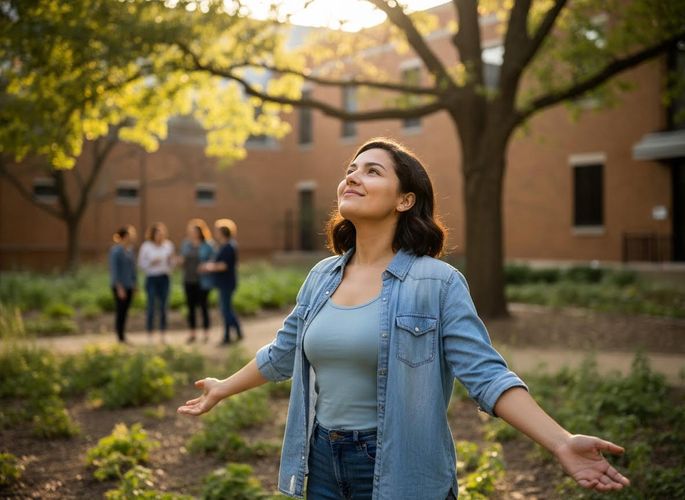 Young woman looking up with a serene expression, arms open, in a sunlit park. Blurred people and a brick building are in the background. Young Woman Looking Up in Sunlit Park