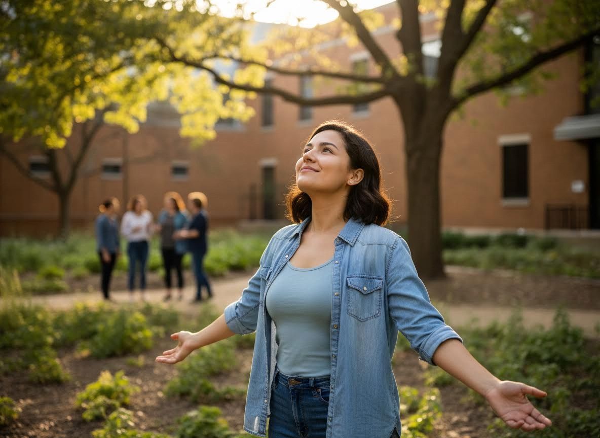 Young Woman Looking Up in Sunlit Park