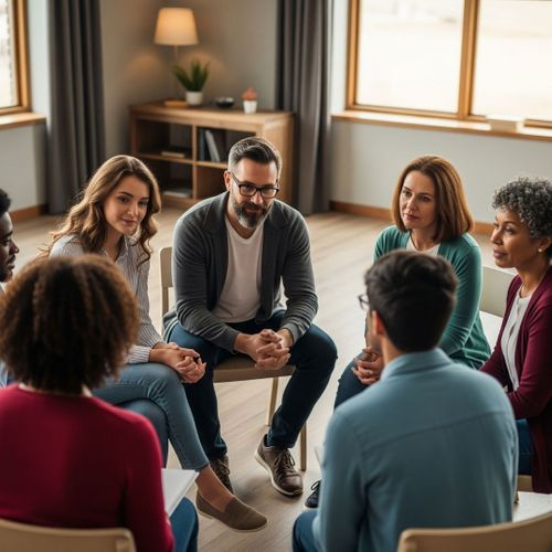 diverse group of individuals sits in a circle, engaged in a supportive group therapy 