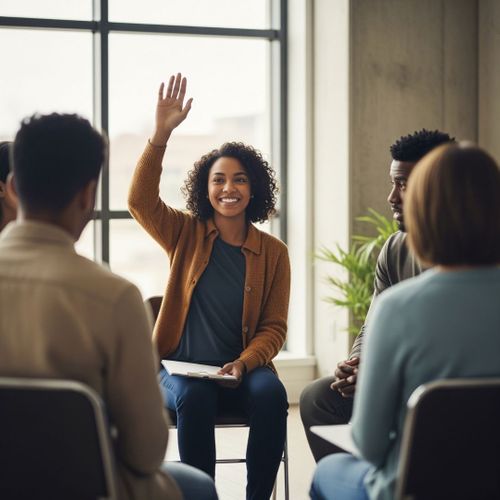 person tentatively raising their hand to speak in a supportive group setting