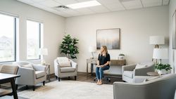 calm and modern therapy office, with bright, airy lighting and comfortable chairs calm and modern therapy office, with bright, airy lighting and comfortable chairs