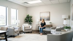  calm and modern therapy office, with bright, airy lighting and comfortable chairs