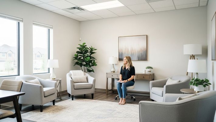  calm and modern therapy office, with bright, airy lighting and comfortable chairs