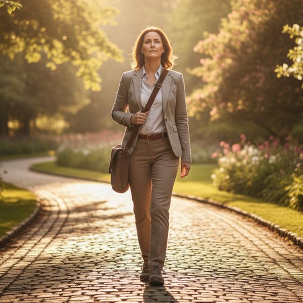 A person walks with purpose down a sunlit path, their determined posture suggesting forward, value-driven movement. womanwalking.jpg