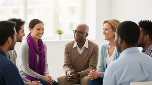 diverse group of people in a bright, welcoming room, participating in a supportive and engaged group therapy session