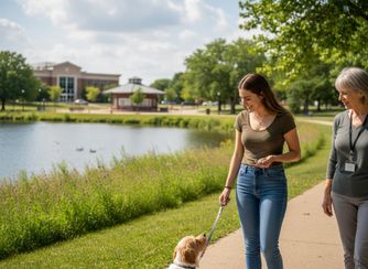 Two women and a dog walking by a pond on a sunny day