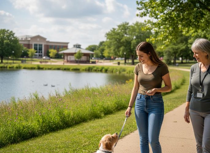 A young woman with a dog on a leash and an older woman walk on a path next to a pond with lush greenery, a building, and a gazebo. Two women and a dog walking by a pond on a sunny day