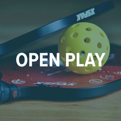 Two pickleball paddles with a ball between them, text reading "open play"