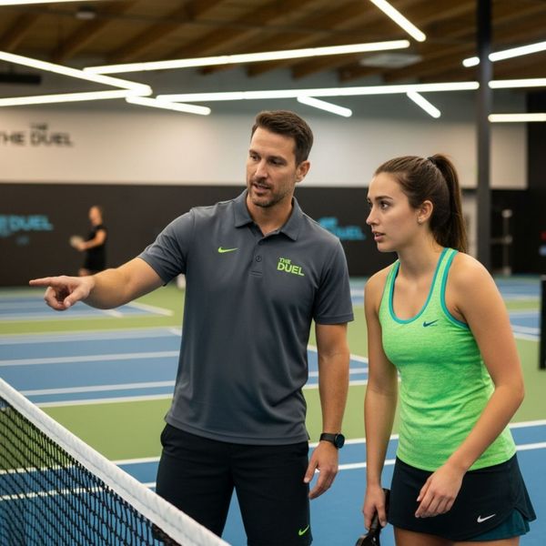 A male instructor teaching a woman how to play pickleball