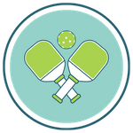Symbol of two pickleball paddles crossed, with a ball between them