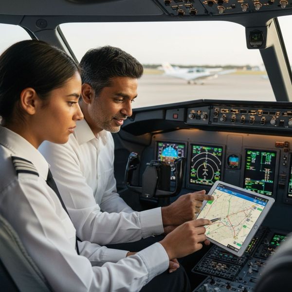 Pilot and instructor in cockpit, discussing flight plan.