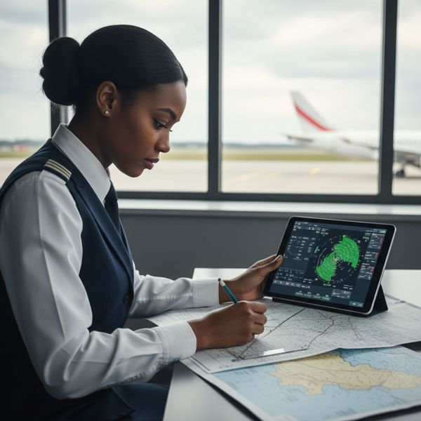 Pilot carefully reviews detailed flight charts and weather information.