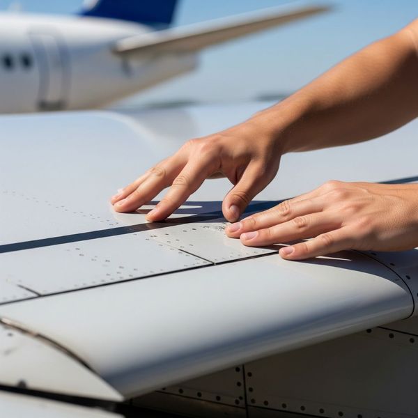 person examining airplane wing