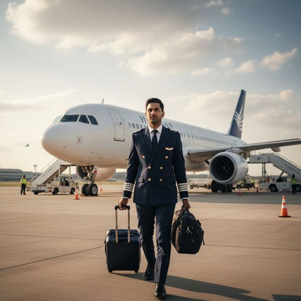 Pilot confidently walks towards a large commercial airliner.