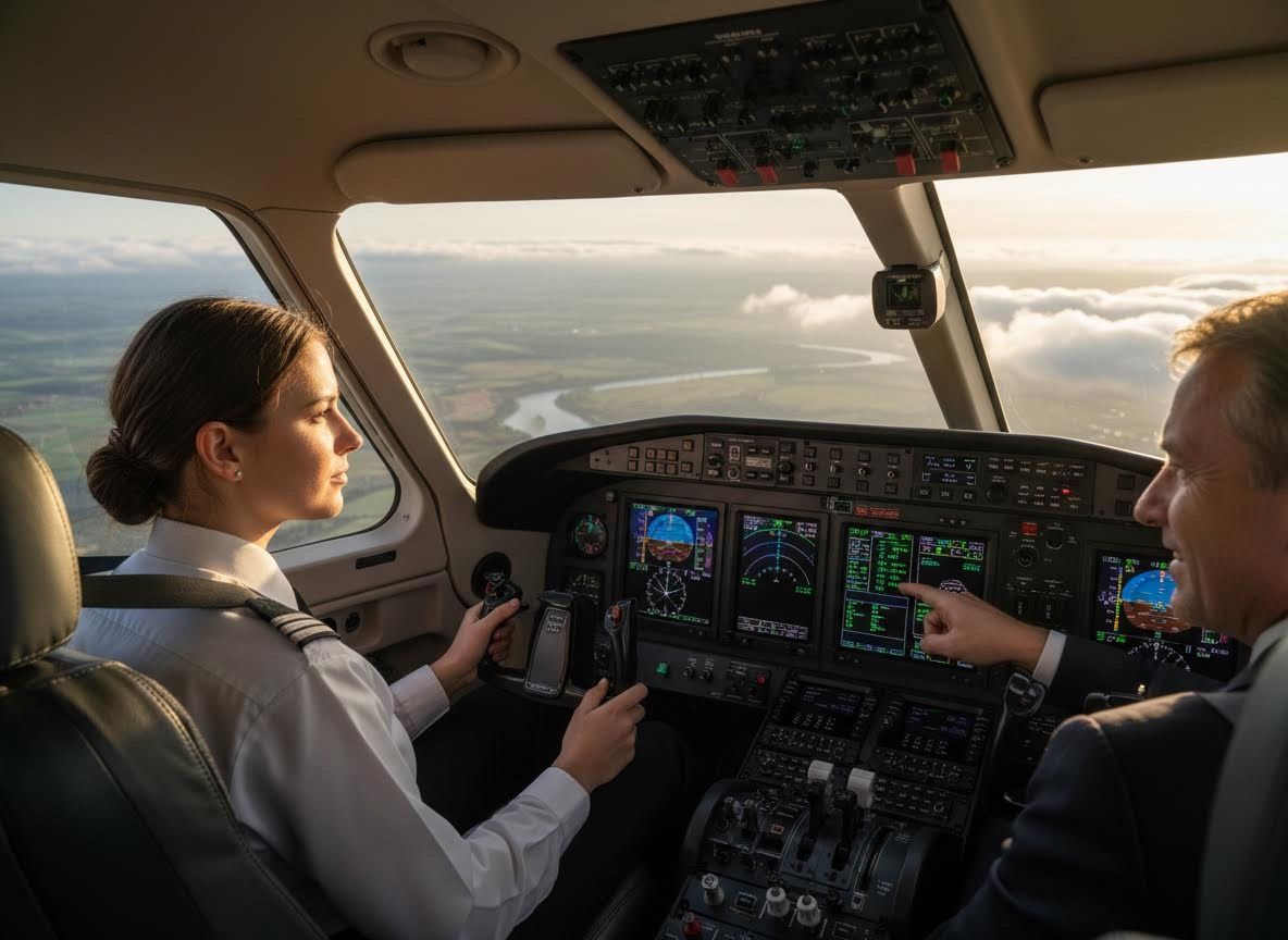 Two pilots in a private jet cockpit