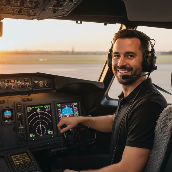 A happy pilot with a headset looks confidently at the camera from a flight simulator, with a runway visible in the background at sunset.