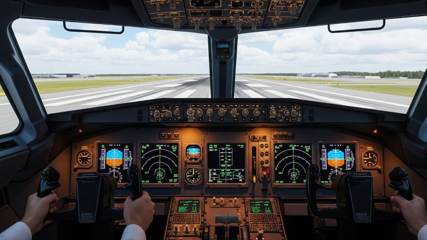 view of pilots in cockpit on runway