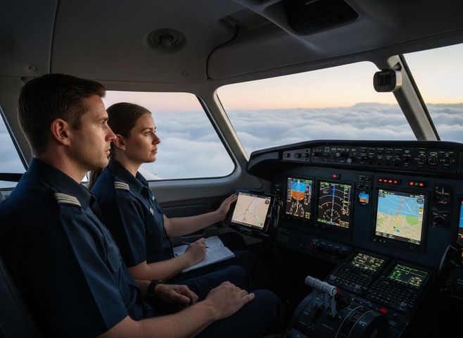 Two pilots in an airplane cockpit at sunrise