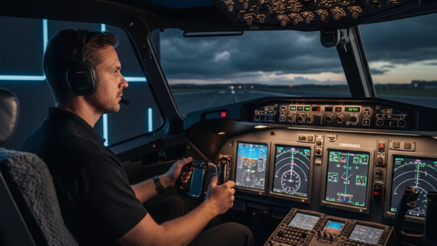 A pilot sits in a modern flight simulator, intently focused on the digital displays, with a runway visible through the cockpit window.