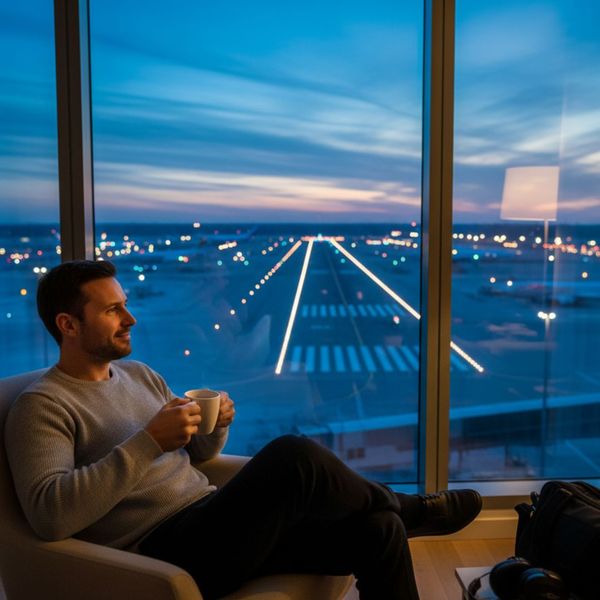 Pilot resting with coffee.