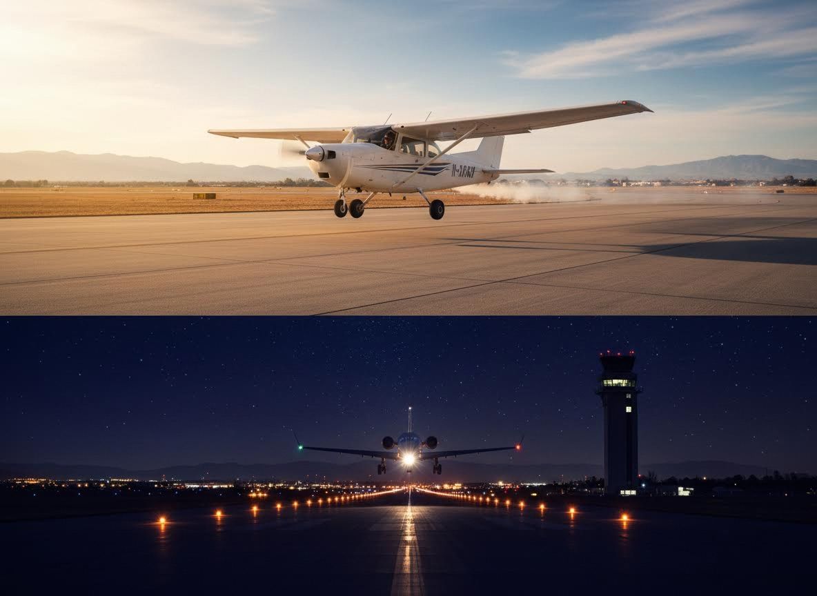Aviation Day and Night: Small Plane and Jet on Runways