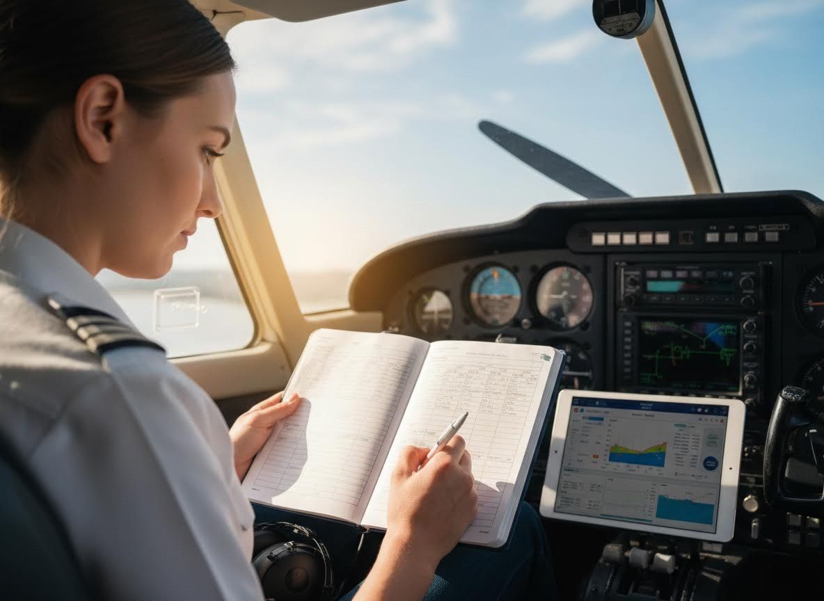 Female pilot in cockpit reviewing flight log and digital charts