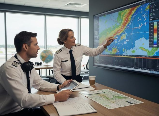 Two pilots in uniform review a large digital flight data map. A female pilot points to the screen while a male pilot watches with a tablet. Globe visible. Pilots Reviewing Flight Data