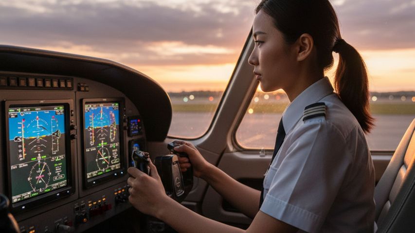 Aspiring pilot studies flight instruments in modern cockpit.