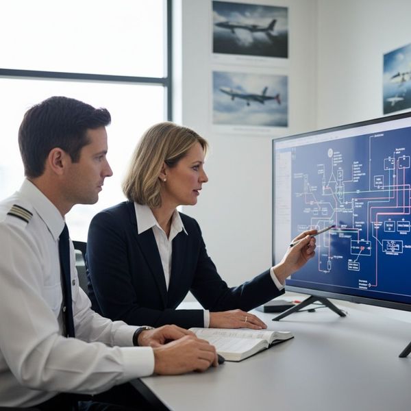 A male pilot and a female instructor are in a bright classroom, intently discussing complex multi-engine system diagrams displayed on a large screen, with airplane photos on the wall.