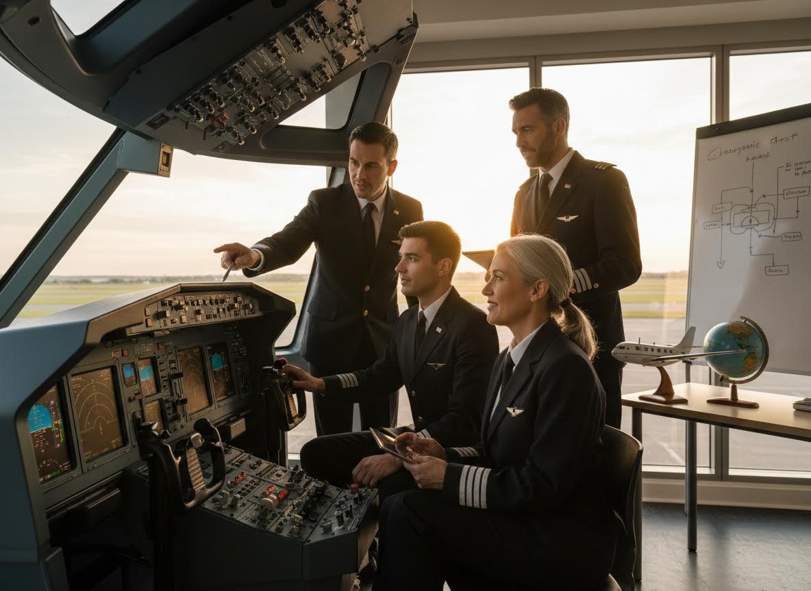 Four pilots training in a flight simulator cockpit