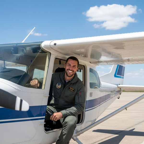 Pilot trainee smiles excitedly next to a small aircraft.