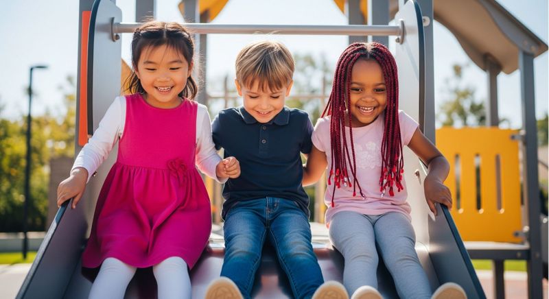 Three happy children playing together on a playground slide